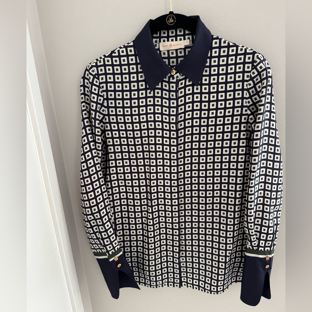 Tory Burch Navy/Cream/Green Checkered Blouse NWOT 100% Silk